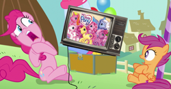 Size: 1101x579 | Tagged: safe, edit, edited screencap, screencap, character:pinkie pie, character:scootaloo, species:pegasus, species:pony, episode:the one where pinkie pie knows, g3, g4, my little pony: friendship is magic, scared, screaming, television