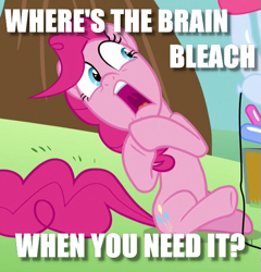 Size: 555x579 | Tagged: safe, edit, edited screencap, screencap, character:pinkie pie, episode:the one where pinkie pie knows, g4, my little pony: friendship is magic, brain bleach, cropped, do not want, female, image macro, meme, question, reaction image, scarred for life, shocked, solo