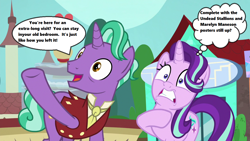 Size: 1280x720 | Tagged: safe, edit, edited screencap, screencap, character:firelight, character:starlight glimmer, species:pony, species:unicorn, episode:the parent map, g4, season 8, band, dialogue, embarrassed, necktie, oh crap, oh crap face, open mouth, quote, sire's hollow, speech bubble, text, thought bubble