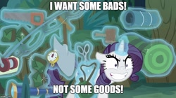 Size: 888x499 | Tagged: safe, edit, edited screencap, screencap, character:mean rarity, character:rarity, species:pony, species:unicorn, episode:the mean 6, g4, my little pony: friendship is magic, clone, deranged, evil grin, female, glowing horn, greedity, grin, i want some x not y, image macro, magic, magic aura, mare, meme, rarisnap, smiling, solo, telekinesis