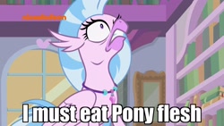 Size: 1920x1080 | Tagged: safe, edit, edited screencap, screencap, character:silverstream, species:classical hippogriff, species:hippogriff, episode:what lies beneath, g4, my little pony: friendship is magic, caption, creepy, creepypasta, creepystream, faec, female, image macro, implied cannibalism, insanity, looking up, meme, nickelodeon, scary, silversnap, solo