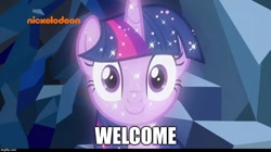 Size: 888x499 | Tagged: safe, edit, edited screencap, screencap, character:tree of harmony, character:treelight sparkle, character:twilight sparkle, species:pony, episode:what lies beneath, g4, my little pony: friendship is magic, female, greeting, horn, image macro, implied twilight sparkle, mare, meme, smiling, solo, sparkles, tree of harmony, treelight sparkle, welcome