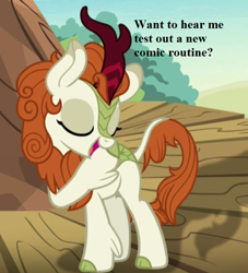 Size: 640x704 | Tagged: safe, edit, edited screencap, screencap, character:autumn blaze, species:kirin, episode:sounds of silence, g4, my little pony: friendship is magic, spoiler:s08, awwtumn blaze, bronybait, cloven hooves, cropped, cute, female, silhouette gloom of the sundown lands, solo, text