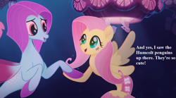 Size: 1215x675 | Tagged: safe, edit, edited screencap, screencap, character:fluttershy, character:salina blue, species:seapony (g4), my little pony: the movie (2017), cropped, cute, seaponified, seapony fluttershy, seaquestria, shyabetes, species swap, text