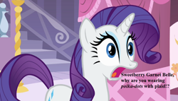 Size: 896x512 | Tagged: safe, edit, edited screencap, screencap, character:rarity, species:pony, species:unicorn, episode:a dog and pony show, g4, my little pony: friendship is magic, carousel boutique, cropped, female, implied sweetie belle, mare, open mouth, shocked, text
