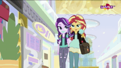 Size: 1024x576 | Tagged: safe, edit, screencap, character:starlight glimmer, character:sunset shimmer, character:twilight sparkle, character:twilight sparkle (alicorn), species:alicorn, species:pony, ship:shimmerglimmer, ship:sunsetsparkle, ship:twistarlight, episode:father knows beast, equestria girls:mirror magic, g4, my little pony: equestria girls, my little pony: friendship is magic, my little pony:equestria girls, spoiler:eqg specials, animated, bag, beanie, clothing, female, food, geode of empathy, hat, heartbreak, hug, ice cream, ice cream cone, lesbian, logo, messy eating, nick jr., no sound, reaction image, shipping, talking, teletoon, walking, webm, x-ray, x-ray picture