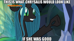 Size: 1024x573 | Tagged: safe, edit, edited screencap, screencap, character:ocellus, character:queen chrysalis, species:changeling, species:pony, species:reformed changeling, episode:what lies beneath, g4, my little pony: friendship is magic, season 8, adorkable, caption, changeling queen, cute, cutealis, diaocelles, disguise, disguised changeling, dork, dorkalis, excited, fangs, female, floppy ears, grin, happy, image macro, implied chrysalis, mare, meme, meta, nickelodeon, nightmare cave, out of context, raised hoof, reformed, sharp teeth, silly, silly pony, smiling, solo, spread wings, squee, teeth, waving, what if, when she smiles, wings