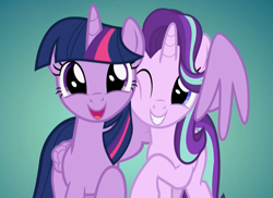 Size: 886x644 | Tagged: safe, edit, edited screencap, screencap, character:starlight glimmer, character:twilight sparkle, character:twilight sparkle (alicorn), species:alicorn, species:pony, species:unicorn, episode:father knows beast, g4, my little pony: friendship is magic, best friends, bust, cheek squish, cute, dawwww, duo, female, glimmerbetes, gradient background, grin, horn, hug, mare, one eye closed, open mouth, portrait, smiling, squishy cheeks, twiabetes, wing hands, winghug, wings