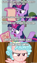 Size: 600x1011 | Tagged: safe, edit, edited screencap, screencap, character:cozy glow, character:twilight sparkle, character:twilight sparkle (alicorn), species:alicorn, species:pegasus, species:pony, episode:marks for effort, g4, my little pony: friendship is magic, female, filly, image macro, meme, pure concentrated unfiltered evil of the utmost potency, regular show