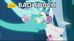 Size: 1024x576 | Tagged: safe, edit, edited screencap, screencap, character:sweetie belle, species:pony, species:unicorn, episode:school raze, g4, my little pony: friendship is magic, bad touch, caption, d:, female, filly, frown, grabbing, hand, image macro, meme, nickelodeon, open mouth, out of context, scared, solo, wide eyes