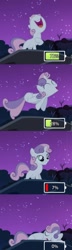 Size: 500x1732 | Tagged: safe, edit, edited screencap, screencap, character:sweetie belle, species:pony, species:unicorn, sweetie bot, episode:sleepless in ponyville, g4, my little pony: friendship is magic, battery, comic, eyes closed, female, filly, foal, hooves, horn, jumping, lying down, night, night sky, open mouth, robot, sitting, sky, sleeping, solo, standing, stars, teeth, tree