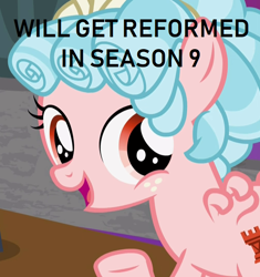 Size: 668x712 | Tagged: safe, edit, edited screencap, screencap, character:cozy glow, species:pegasus, species:pony, episode:school raze, g4, my little pony: friendship is magic, season 8, season 9, caption, cropped, female, filly, foal, harsher in hindsight, jossed, op was wrong, prediction, rumor, text, underhoof