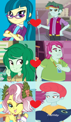 Size: 420x720 | Tagged: safe, edit, edited screencap, screencap, character:juniper montage, character:vignette valencia, character:wallflower blush, episode:a fine line, equestria girls:forgotten friendship, equestria girls:mirror magic, equestria girls:rollercoaster of friendship, g4, my little pony: equestria girls, my little pony:equestria girls, spoiler:eqg specials, background human, brim marco, crack shipping, female, heart, male, meal ticket, pearl pompadour, pilot pearl, reformed villain, shipping, shipping domino, straight, vignette valencia