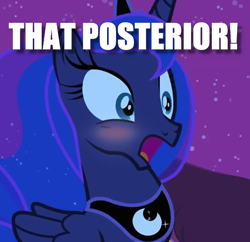 Size: 504x487 | Tagged: safe, edit, edited screencap, screencap, character:princess luna, species:alicorn, species:pony, episode:luna eclipsed, g4, my little pony: friendship is magic, blushing, cropped, crown, dat butt, female, image macro, jewelry, mare, meme, open mouth, peytral, regalia, shocked, solo, ye olde english