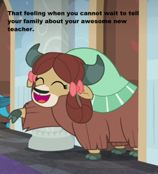 Size: 652x720 | Tagged: safe, edit, edited screencap, screencap, character:gallus, character:yona, species:yak, episode:the hearth's warming club, g4, my little pony: friendship is magic, season 8, bow, braid, cloven hooves, cropped, cute, dorm, excited, happy, implied letter, implied rockhoof, implied yaks, school of friendship, text, tfw, yonadorable