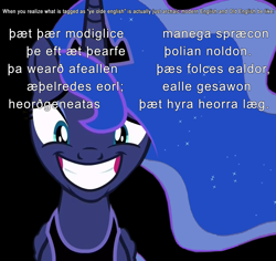Size: 3573x3375 | Tagged: safe, edit, edited screencap, screencap, character:princess luna, species:pony, episode:a royal problem, g4, my little pony: friendship is magic, background removed, female, forced smile, gritted teeth, image macro, mare, meme, nervous, old english, poem, reaction image, simple background, smiley face, smiling, solo, transparent background, ye olde english