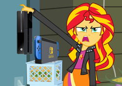 Size: 954x676 | Tagged: safe, edit, edited screencap, screencap, character:sunset shimmer, equestria girls:equestria girls, g4, my little pony: equestria girls, my little pony:equestria girls, console wars, exploitable meme, gaming console, haters gonna hate, incoming hate, meme, microsoft, mouthpiece, nintendo, nintendo switch, playstation 4, sony, sunset is disgusted, xbox one