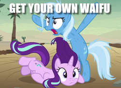 Size: 736x533 | Tagged: safe, edit, edited screencap, screencap, character:starlight glimmer, character:trixie, species:pony, species:unicorn, ship:startrix, episode:on the road to friendship, bipedal, female, image macro, lesbian, mare, meme, messy mane, shipping, trixie yells at everything, waifu, yelling