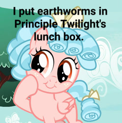 Size: 896x899 | Tagged: safe, edit, edited screencap, screencap, character:cozy glow, species:pegasus, species:pony, episode:marks for effort, g4, my little pony: friendship is magic, bow, cozybetes, cropped, cute, evil, female, filly, foal, grammar error, hair bow, ringlets, she's evil, tail bow