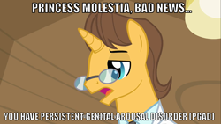 Size: 1066x600 | Tagged: safe, edit, edited screencap, screencap, character:doctor horse, character:doctor stable, episode:read it and weep, g4, my little pony: friendship is magic, glasses, image macro, implied princess celestia, implied princess molestia, sad, solo