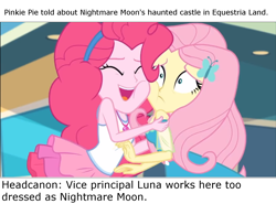 Size: 1460x1080 | Tagged: safe, edit, screencap, character:fluttershy, character:pinkie pie, equestria girls:rollercoaster of friendship, g4, my little pony: equestria girls, my little pony:equestria girls, female, geode of fauna, geode of sugar bombs, headcanon, magical geodes, text