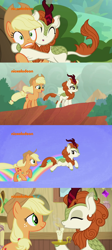 Size: 1024x2294 | Tagged: safe, edit, edited screencap, screencap, character:applejack, character:autumn blaze, species:kirin, episode:sounds of silence, g4, my little pony: friendship is magic, spoiler:s08, hug, rainbows, shipping fuel