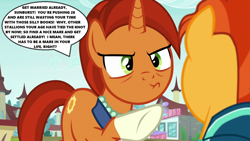 Size: 1280x720 | Tagged: safe, edit, edited screencap, screencap, character:stellar flare, character:sunburst, episode:the parent map, g4, season 8, angry, caps lock, dialogue, nagging, raised hoof, sire's hollow, speech bubble, text, that pony sure does want grandfoals, yelling