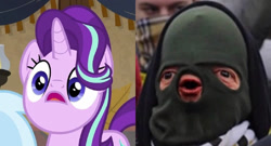 Size: 1220x658 | Tagged: safe, edit, edited screencap, screencap, character:starlight glimmer, species:human, species:pony, species:unicorn, episode:on the road to friendship, balaclava, blyat, cheeki breeki, d:, derp, faec, female, frown, irl, irl human, mare, open mouth, photo, stalin glimmer, wide eyes