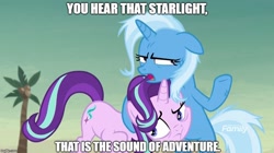 Size: 888x499 | Tagged: safe, edit, edited screencap, screencap, character:starlight glimmer, character:trixie, species:pony, species:unicorn, episode:on the road to friendship, dialogue, duo, duo female, female, image macro, mare, meme, messy mane, trixie yells at everything