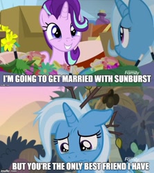 Size: 500x561 | Tagged: safe, edit, edited screencap, screencap, character:starlight glimmer, character:trixie, species:pony, species:unicorn, episode:on the road to friendship, collage, crying, duo, female, floppy ears, flower, happy, implied starburst, implied straight, mare, messy mane, sad, smiling, teeth