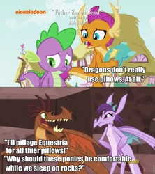 Size: 853x960 | Tagged: safe, edit, screencap, character:prominence, character:smolder, character:spike, species:dragon, episode:father knows beast, episode:gauntlet of fire, g4, my little pony: friendship is magic, barry, discovery family logo, image macro, meme, misspelling, nickelodeon, op is a duck, winged spike