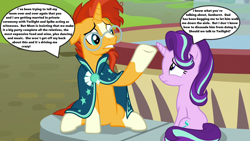 Size: 1280x720 | Tagged: safe, edit, edited screencap, screencap, character:starlight glimmer, character:sunburst, ship:starburst, episode:the parent map, g4, season 8, dialogue, female, floppy ears, fountain, glasses, implied wedding, male, shipping, sire's hollow, speech bubble, straight, text, worried