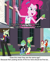 Size: 1920x2345 | Tagged: safe, edit, screencap, character:normal norman, character:pinkie pie, character:snails, character:snips, character:sophisticata, episode:text support, g4, my little pony: equestria girls, my little pony:equestria girls, background human, female, geode of sugar bombs, magical geodes, male, meta, rose heart, smiling, sophisticata, text