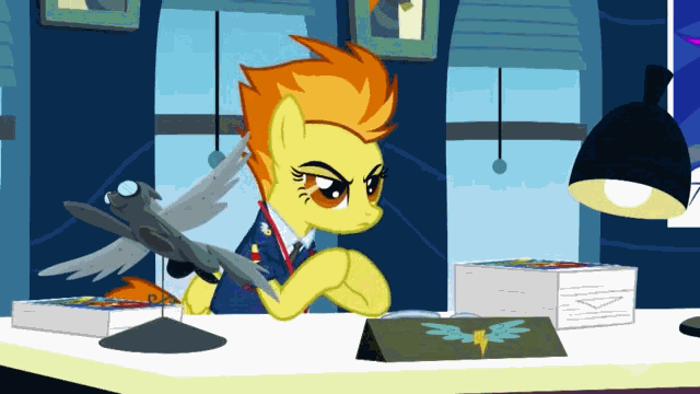 Size: 640x360 | Tagged: safe, edit, edited screencap, screencap, character:spitfire, episode:wonderbolts academy, animated, deal with it, desk, lamp, office, paperwork, reversed, sunglasses, window