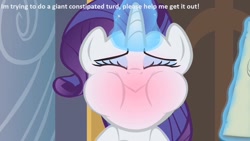 Size: 1280x720 | Tagged: safe, edit, edited screencap, screencap, character:rarity, episode:sweet and elite, g4, my little pony: friendship is magic, blushing, constipated, female, glowing horn, gross, implied pooping, magic, puffy cheeks, red face, solo, straining