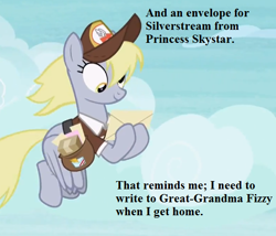 Size: 546x468 | Tagged: safe, edit, edited screencap, screencap, character:derpy hooves, species:pegasus, species:pony, episode:school raze, g4, my little pony: friendship is magic, my little pony: the movie (2017), clothing, cloud, cropped, envelope, female, flying, hat, implied fizzy, implied princess skystar, implied silverstream, mailbag, mailmare hat, mailpony uniform, mare, parcel, text, uniform