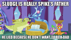 Size: 1024x572 | Tagged: safe, edit, edited screencap, screencap, character:sludge, character:smolder, character:spike, species:dragon, episode:father knows beast, g4, my little pony: friendship is magic, dragoness, female, headcanon, image macro, male, meme, spike's bed, spike's father, spike's room, theory, trio, winged spike