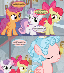 Size: 616x704 | Tagged: safe, edit, edited screencap, screencap, character:apple bloom, character:cozy glow, character:scootaloo, character:sweetie belle, species:earth pony, species:pegasus, species:pony, species:unicorn, episode:school raze, g4, my little pony: friendship is magic, adorabloom, bow, cropped, cute, cutealoo, cutie mark, cutie mark crusaders, dialogue, diasweetes, female, filly, foal, implied hondo flanks, mane bow, noodle incident, reminiscing, school of friendship, speech bubble, text, the cmc's cutie marks, this will end in pain and/or tears and/or death and/or covered in tree sap, this will end in tears, tree sap and pine needles