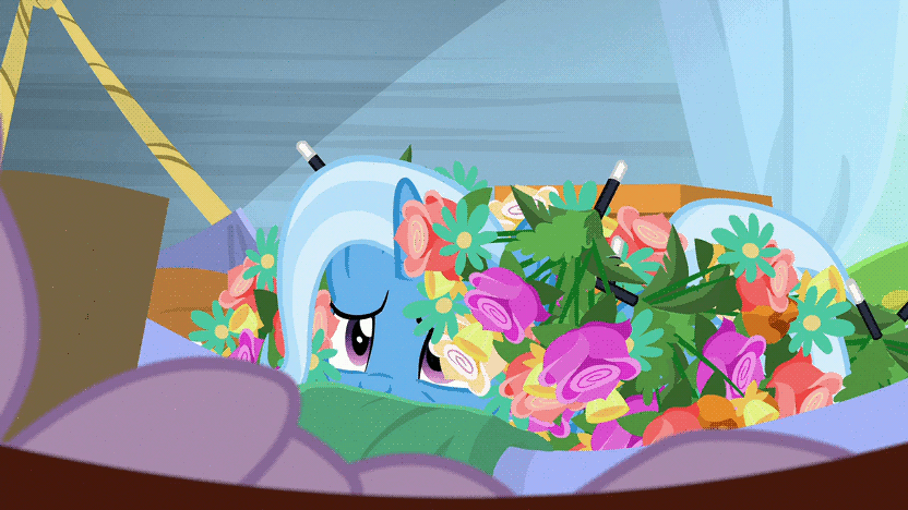 Size: 832x468 | Tagged: safe, edit, screencap, character:starlight glimmer, character:trixie, species:pony, species:unicorn, episode:on the road to friendship, animated, box, cute, diatrixes, female, floppy ears, flower, gif, hammock, loop, mare, sad, trixie's wagon, wand