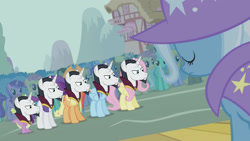 Size: 1920x1080 | Tagged: safe, edit, edited screencap, screencap, character:amethyst star, character:applejack, character:candy mane, character:carrot top, character:chancellor neighsay, character:cherry cola, character:cloud kicker, character:coco crusoe, character:doctor whooves, character:fluttershy, character:golden harvest, character:linky, character:lyra heartstrings, character:pokey pierce, character:ponet, character:rainbow dash, character:rainbowshine, character:rarity, character:shoeshine, character:sparkler, character:spike, character:time turner, character:trixie, episode:boast busters, g4, my little pony: friendship is magic, angry, cape, clothing, crowd, hat, head swap, image macro, meme, neighsayers, pun, scowl, trixie's cape, trixie's hat, visual gag