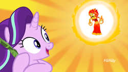 Size: 1600x900 | Tagged: safe, edit, edited screencap, screencap, character:starlight glimmer, character:sunset shimmer, species:pony, species:unicorn, episode:on the road to friendship, my little pony:equestria girls, angry, catasterism, clothing, discovery family logo, dress, female, fiery shimmer, fire, goddess, it's not about the parakeet, mane of fire, mare, paint tool sai, rage, smiling, sun, sunshine shimmer, this will end in fire, this will end in pain, we're friendship bound
