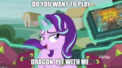 Size: 888x499 | Tagged: safe, edit, edited screencap, screencap, character:starlight glimmer, species:pony, species:unicorn, episode:on the road to friendship, board game, bronybait, discovery family logo, dragon pit, female, grammar error, magic, magic aura, mare, open mouth, solo, telekinesis