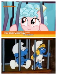 Size: 3106x4096 | Tagged: safe, edit, edited screencap, screencap, character:cozy glow, species:pony, episode:school raze, g4, my little pony: friendship is magic, bars, cage, clothing, cozybetes, cute, dress, female, filly, foal, hat, logic, male, nickelodeon, smurfette, smurfs, subtitles