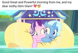 Size: 717x489 | Tagged: safe, edit, edited screencap, screencap, character:starlight glimmer, character:trixie, species:pony, species:unicorn, episode:on the road to friendship, cheek squish, cheek to cheek, cute, diatrixes, duo, eye contact, female, floating, friendshipping, ghastly gorge, glimmerbetes, i guess we're stuck together, inflatable, inflatable raft, looking at each other, mare, prone, raft, river, shipping fuel, smiling, snuggling, squished, squishy, squishy cheeks, trixie's wagon, water, we're friendship bound