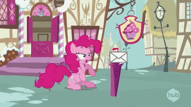 Size: 640x360 | Tagged: safe, edit, edited screencap, screencap, character:pinkie pie, species:earth pony, species:pony, episode:wonderbolts academy, animated, bipedal, bipedal leaning, eyes closed, female, floppy ears, frown, gritted teeth, hub logo, leaning, lidded eyes, mare, messy mane, reddit, sad, solo
