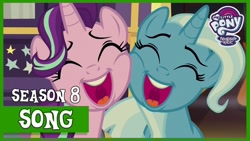 Size: 1280x720 | Tagged: safe, edit, edited screencap, screencap, character:starlight glimmer, character:trixie, species:pony, species:unicorn, episode:on the road to friendship, cheek to cheek, duo, eyes closed, female, mare, singing, thumbnail, we're friendship bound