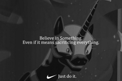 Size: 800x534 | Tagged: safe, edit, edited screencap, screencap, character:nightmare moon, character:princess luna, species:alicorn, species:pony, episode:the cutie re-mark, alternate timeline, believe in something, black and white, female, grayscale, just do it, mare, meme, monochrome, nightmare takeover timeline, nike, text