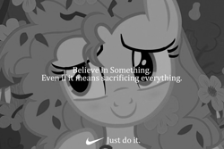 Size: 800x534 | Tagged: safe, edit, edited screencap, screencap, character:pear butter, species:earth pony, species:pony, episode:the perfect pear, g4, my little pony: friendship is magic, believe in something, black and white, female, grayscale, implied death, mare, meme, monochrome, nike, solo