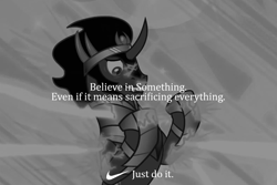 Size: 800x534 | Tagged: safe, edit, edited screencap, screencap, character:king sombra, episode:the crystal empire, g4, my little pony: friendship is magic, believe in something, black and white, cambria, grayscale, just do it, monochrome, nike