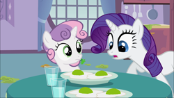 Size: 1920x1080 | Tagged: safe, edit, edited screencap, screencap, character:rarity, character:sweetie belle, species:pony, species:unicorn, episode:sisterhooves social, g4, my little pony: friendship is magic, dr. seuss, duo, egg (food), female, filly, food, fried egg, green eggs and ham, mare, sisters